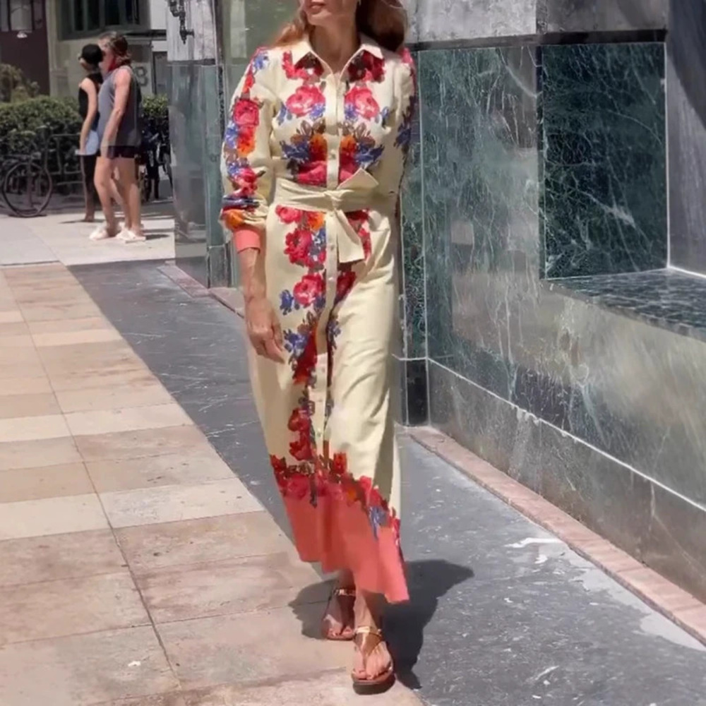 ZARA Casual Printed Drawstring Stand Collar Dress Women_5